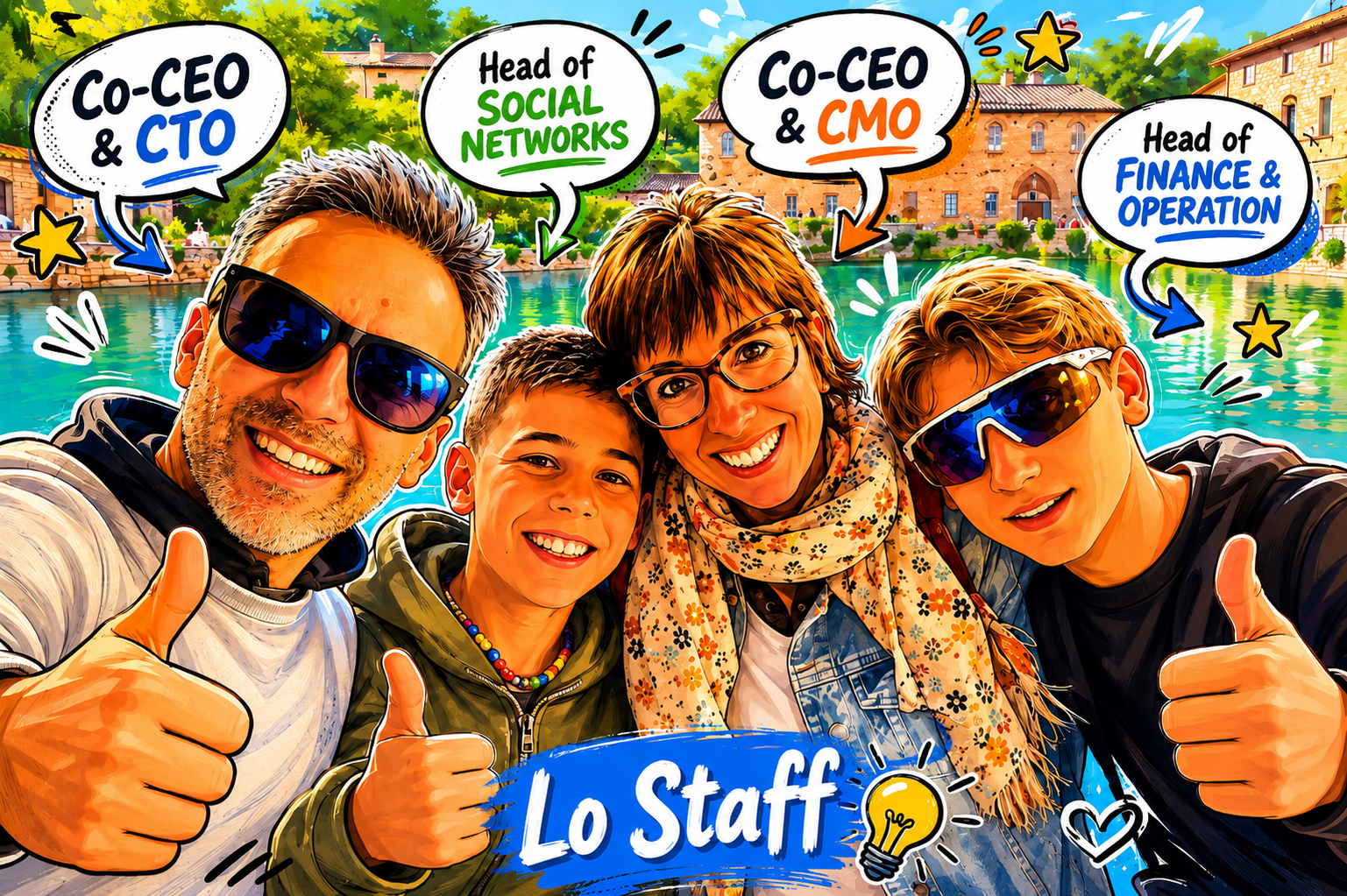 Lo staff di BusZilla: papà, mamma e i due figli con il pollice in su